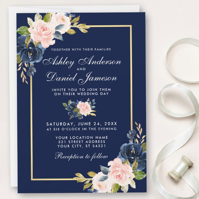 Eleganter Rosa Blush Blue Floral Wedding Gold Rahm Einladung (Customize to change text size, style or color of back of card.)
