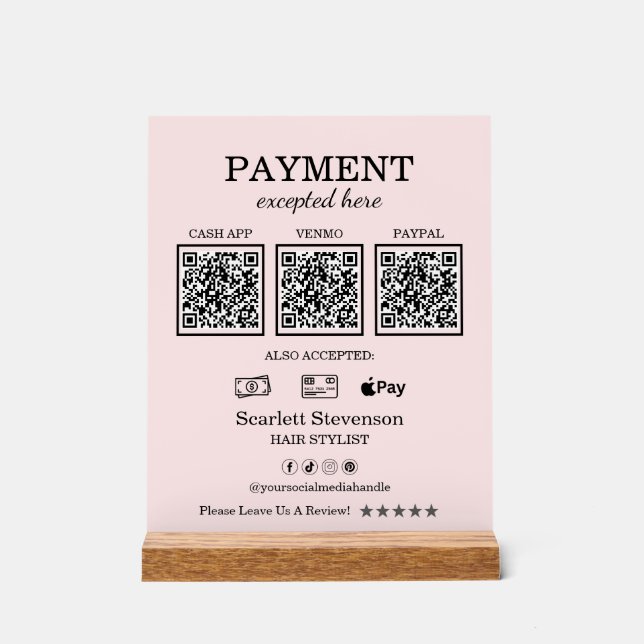 Eleganter Rosa Blush QR Code Zahlung Acrylschild (Vorderseite)