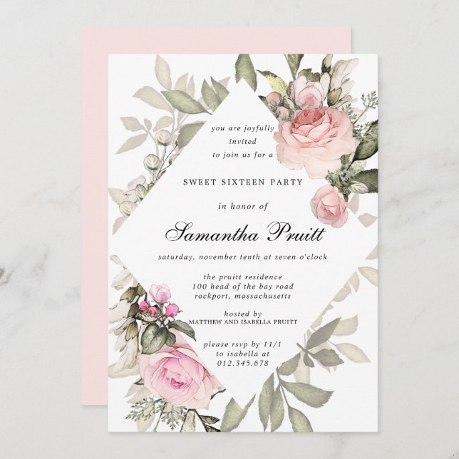 Eleganter Rosa Blütensaft 16 Einladung (Vorne/Hinten)