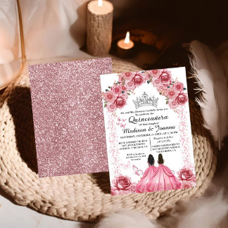 Eleganter rosa Blütenschmetterling Twin Quinceaner Einladung