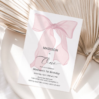 Eleganter rosa Bow Erster Geburtstag Einladung
