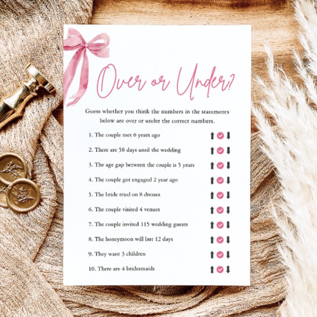 Eleganter rosa Bow Over oder Under Brautparty Game Einladung (Pink Bow Name That Cake Bridal Shower Game)