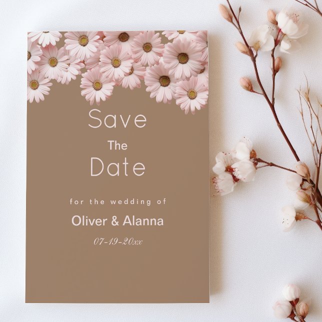 Eleganter, rosa Brauner Gänseblümchen Save the Dat Einladung (Elegant pink brown daisies floral Save The Date)
