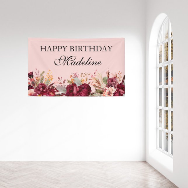 Eleganter rosa Burgund florales Happy Birthday Banner (Von Creator hochgeladen)