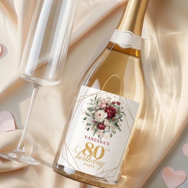 Eleganter Rosa Burgunder 80. Geburtstags Champagne (Graceful Blush Burgundy 80th Birthday Champagne Labels)
