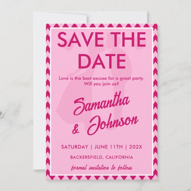 Eleganter Rosa Chevron-Streifen QR-Code Save The Date (Vorderseite)