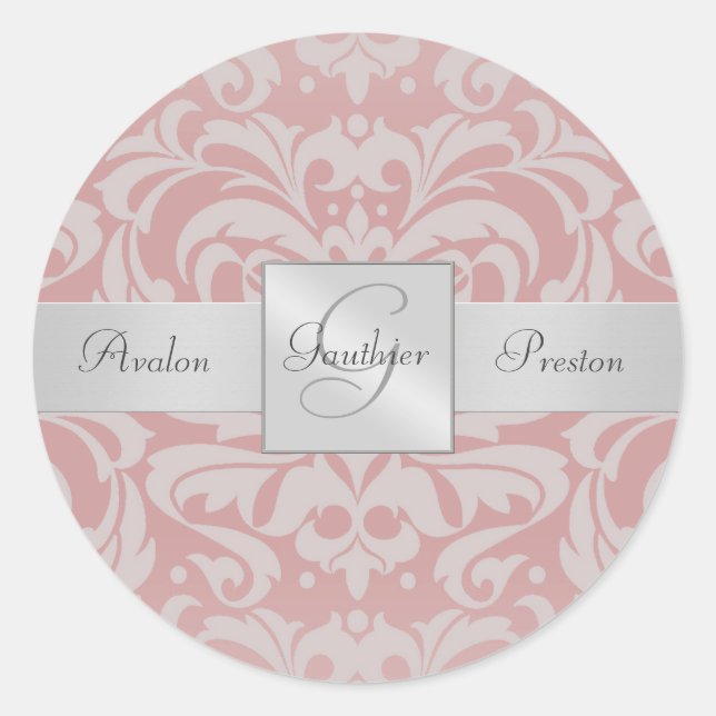 Eleganter rosa Damask Monogram-Hochzeitsticker Runder Aufkleber (Vorderseite)