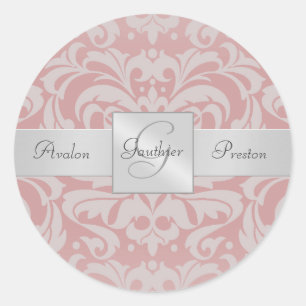 Eleganter rosa Damask Monogram-Hochzeitsticker Runder Aufkleber