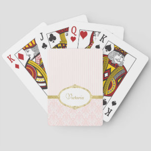 Eleganter rosa Damast Vintage Gold Rahmen und Name Spielkarten