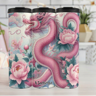 Eleganter rosa Drache mit Peonies Thermosbecher