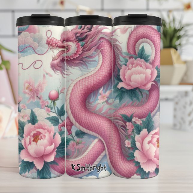 Eleganter rosa Drache mit Peonies Thermosbecher (Von Creator hochgeladen)