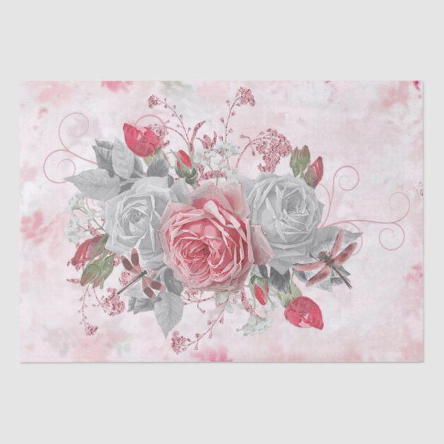 Eleganter Rosa Dragonfly und Rose Decoupage Seidenpapier (Vorderseite)