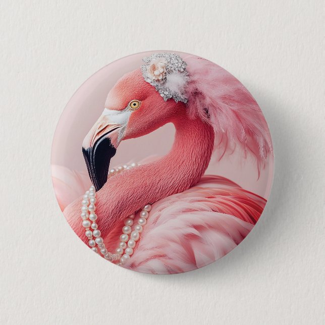 Eleganter rosa Flamingo mit Perlen und Federn Button (Vorderseite)