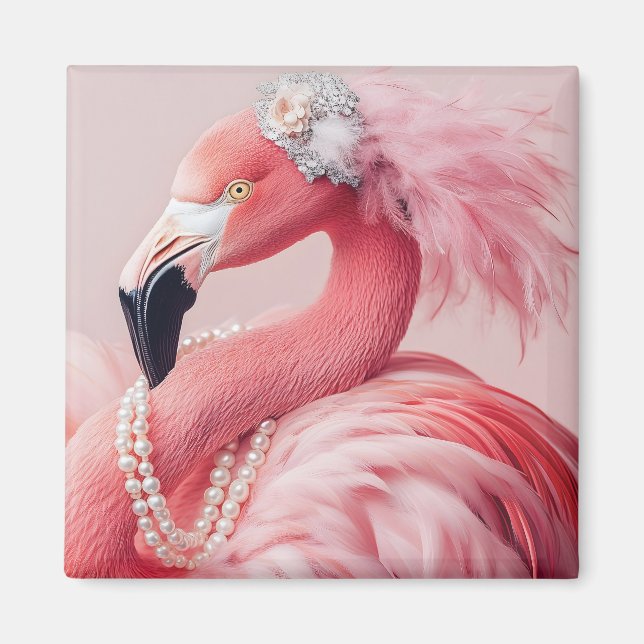 Eleganter rosa Flamingo mit Perlen und Federn Magnet (Vorne)