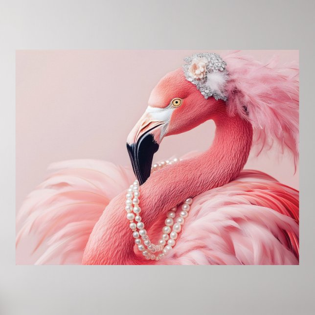 Eleganter rosa Flamingo mit Perlen und Federn Poster (Vorne)