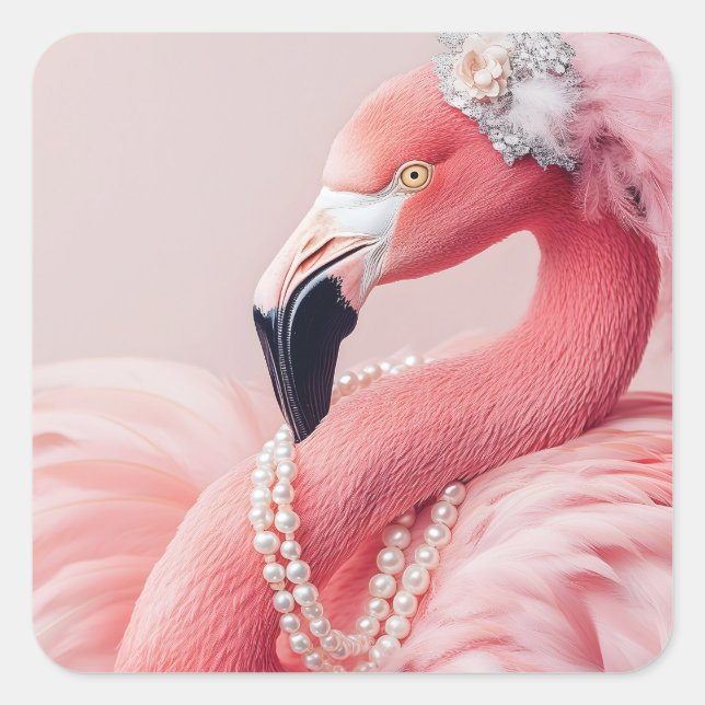 Eleganter rosa Flamingo mit Perlen und Federn Quadratischer Aufkleber (Vorderseite)