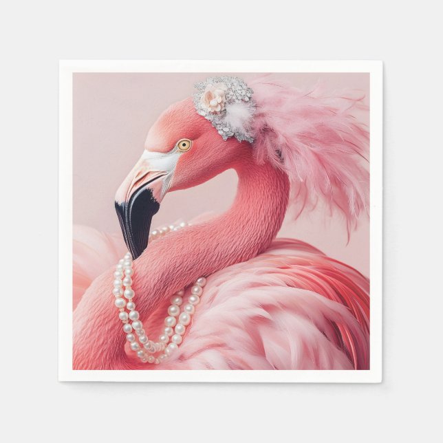 Eleganter rosa Flamingo mit Perlen und Federn Serviette (Vorderseite)
