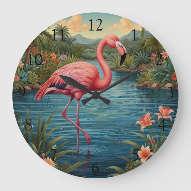 Eleganter Rosa Flamingo Retro Boho Große Wanduhr (Vorderseite)