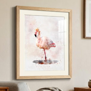 Eleganter Rosa Flamingo stehend in Wasserfarbe Fotodruck