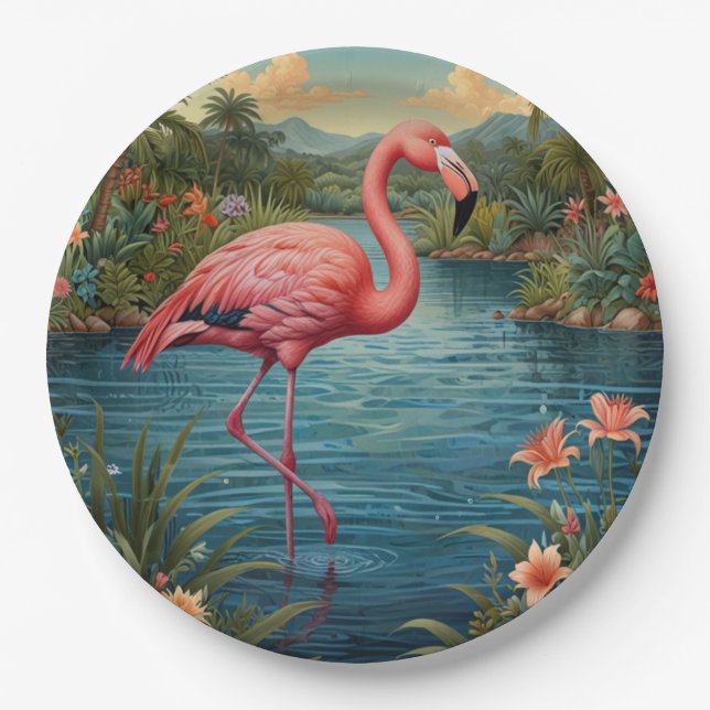Eleganter rosa Flamingo tropisches Paradies   Pappteller (Vorderseite)