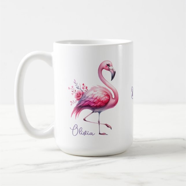 Eleganter rosa Flamingo und Rose Name Tasse (Links)