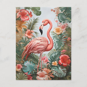 Eleganter Rosa Flamingo-Vogel und tropische Blumen Postkarte