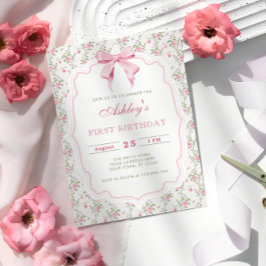 Eleganter Rosa Flora und Bow Girl Geburtstag Einladung