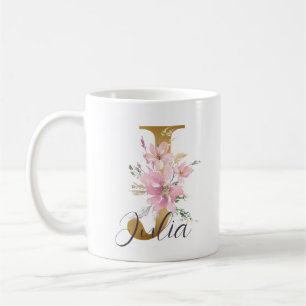 Eleganter Rosa Floral Gold Monogram Letter J Kaffeetasse