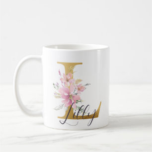 Eleganter Rosa Floral Gold Monogram Letter L Kaffeetasse