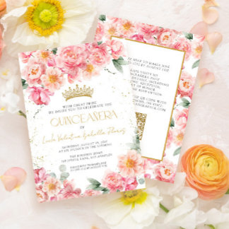 Eleganter rosa Floral Gold QR Code Quinceañera Einladung