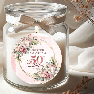 Eleganter Rosa Floral Grün 50. Geburtstagslabel Runder Aufkleber