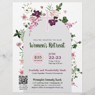 Eleganter Rosa Floral Women's Church QR Code Retre Flyer
