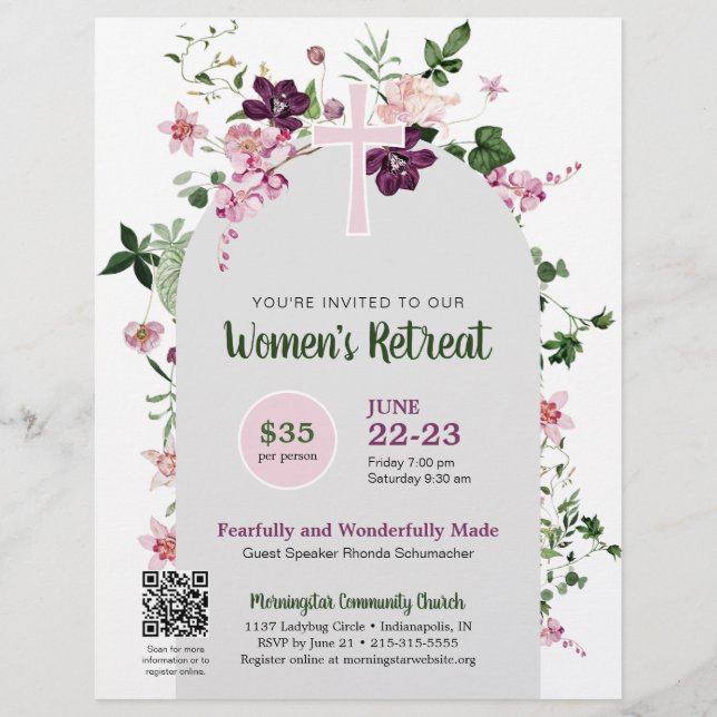 Eleganter Rosa Floral Women's Church QR Code Retre Flyer (Vorne)