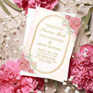 Eleganter rosa floraler Goldrahmen Nuestra Boda Einladung