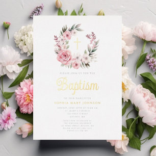 Eleganter rosa floraler Kranz Mädchen Taufe Gold Folieneinladung