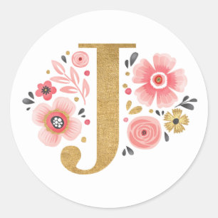Eleganter rosa floraler Monogram, Initialbrief J Runder Aufkleber