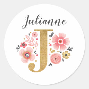 Eleganter rosa floraler Monogram, Initialbrief J Runder Aufkleber