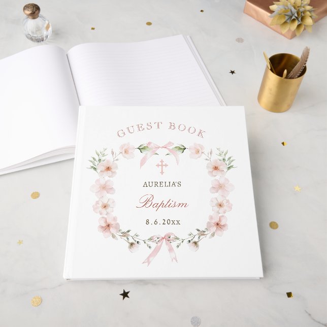 Eleganter Rosa Floraler Rahmen Taufe Gästebuch (Vorderseite offen)