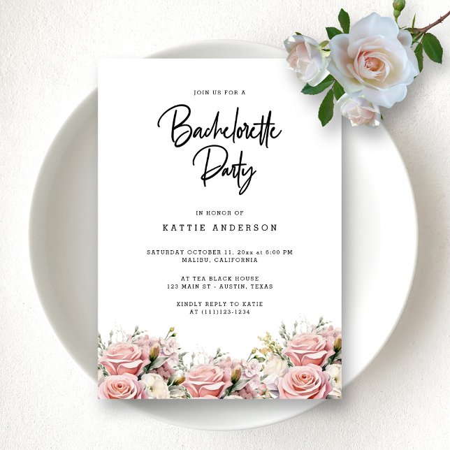Eleganter rosa, floraler Script-Junggeselinnen-Abs Einladung (Modern Rose Blooms Bachelorette Party Invitation)