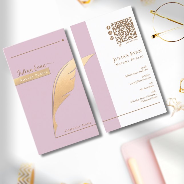 Eleganter rosa Glitzer Gold Quill Notary Public QR Visitenkarte (Von Creator hochgeladen)