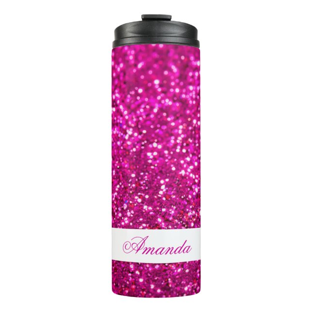 Eleganter Rosa Glitzer Individuelle Name Thermosbecher (Vorderseite)
