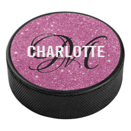 Eleganter Rosa Glitzer Monogramm Name Hockey Puck