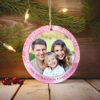 Eleganter rosa glitzernder Foto-Metall-Weihnachten Keramik Ornament