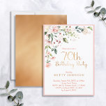 Eleganter Rosa & Gold Floral Weibchen 70. Geburtst Einladung<br><div class="desc">Moderne,  elegante Frauenfeier zum 70. Geburtstag mit einem wunderschönen rosa Aquarellblumenmotiv in der oberen Ecke,  mit "70. Geburtstagsparty" und der Rückseite der Imitate mit mattem Goldfolie und dem Namen in passendem goldfarbenem Text. In Rosa begrenzt. Copyright Elegant Invites,  alle Rechte vorbehalten.</div>