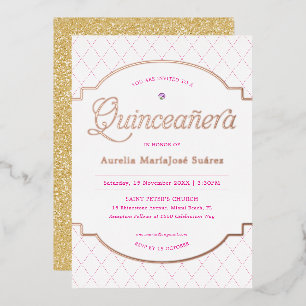 Eleganter Rosa Gold Glitzer Quinceañera Geburtstag Folieneinladung