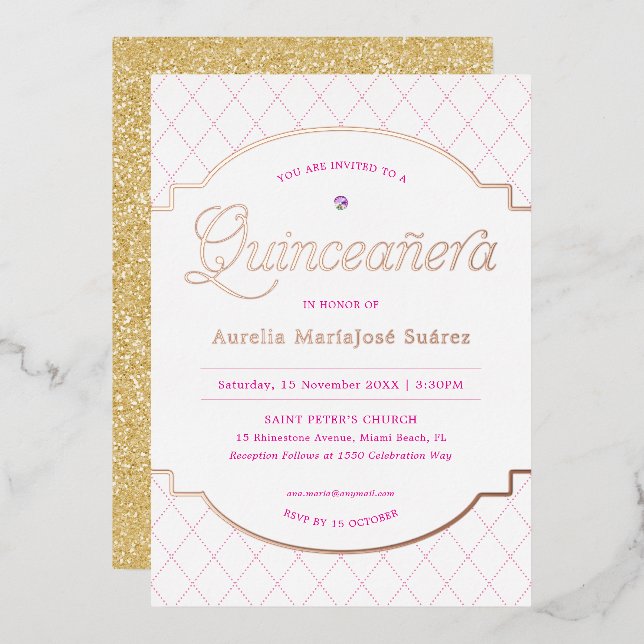 Eleganter Rosa Gold Glitzer Quinceañera Geburtstag Folieneinladung (Vorderseite/Rückseite)