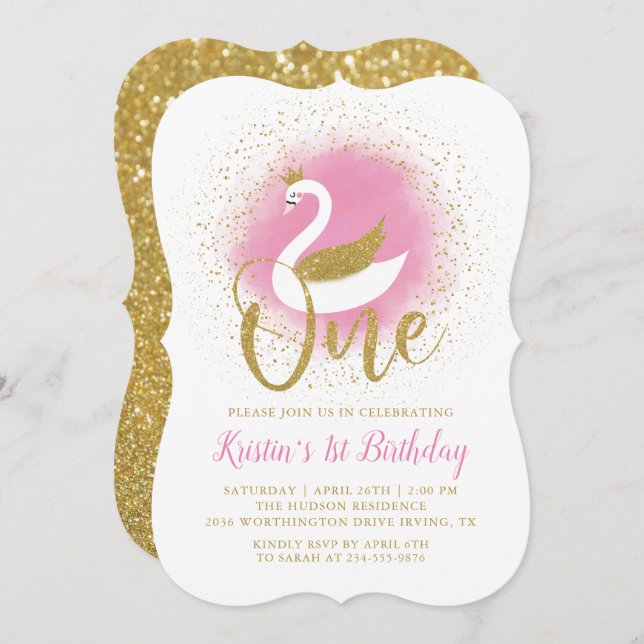 Eleganter Rosa Gold Swan Princess Girl 1. Geburtst Einladung (Vorne/Hinten)