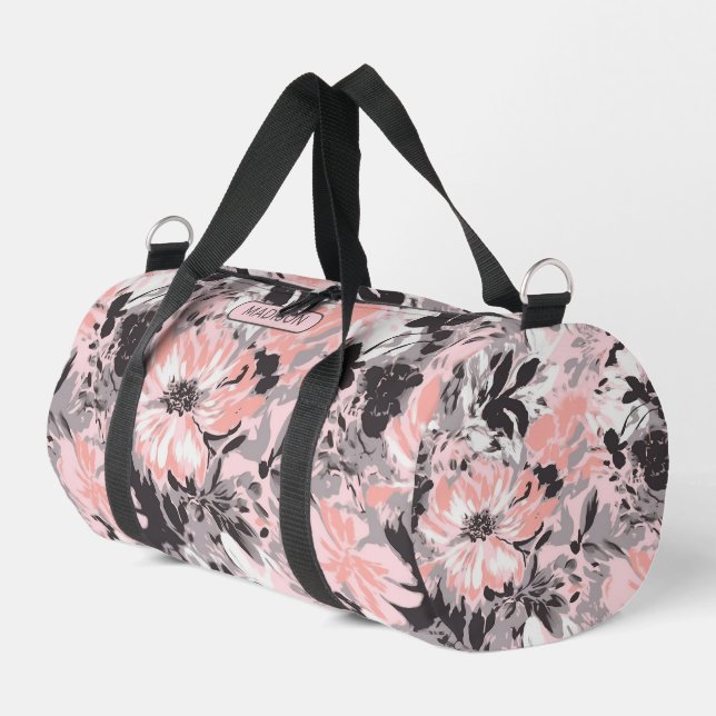 Eleganter rosa, graue, florale Muster Personalisie Duffle Bag (Linke Seite)