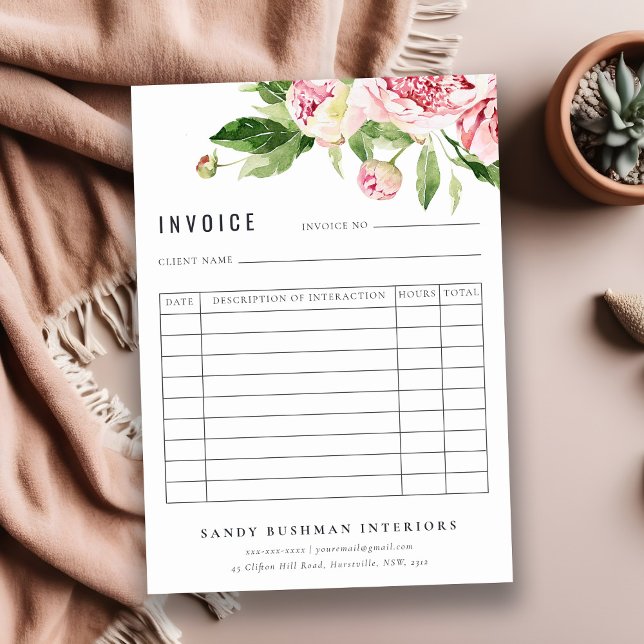 Eleganter rosa grüner Peony Floral Rechnungseingan Mitteilungskarte (Von Creator hochgeladen)