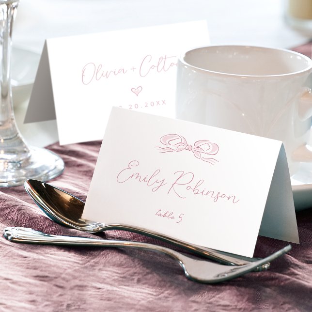 Eleganter, rosa, handgezeichneter Bow, faltbar Tischnummer (Elegant Pink Hand Drawn Bow Wedding Foldable Table Number)